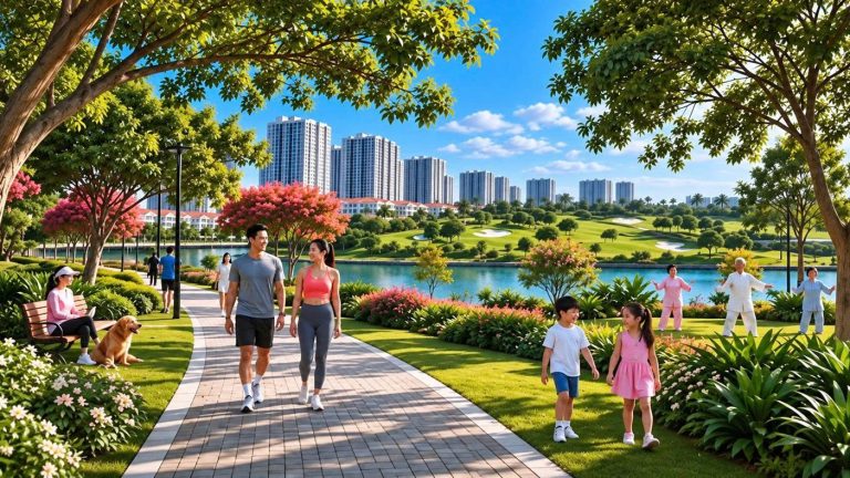 Phối cảnh mô phỏng công viên và đường dạo ven hồ trong Vinhomes King Park