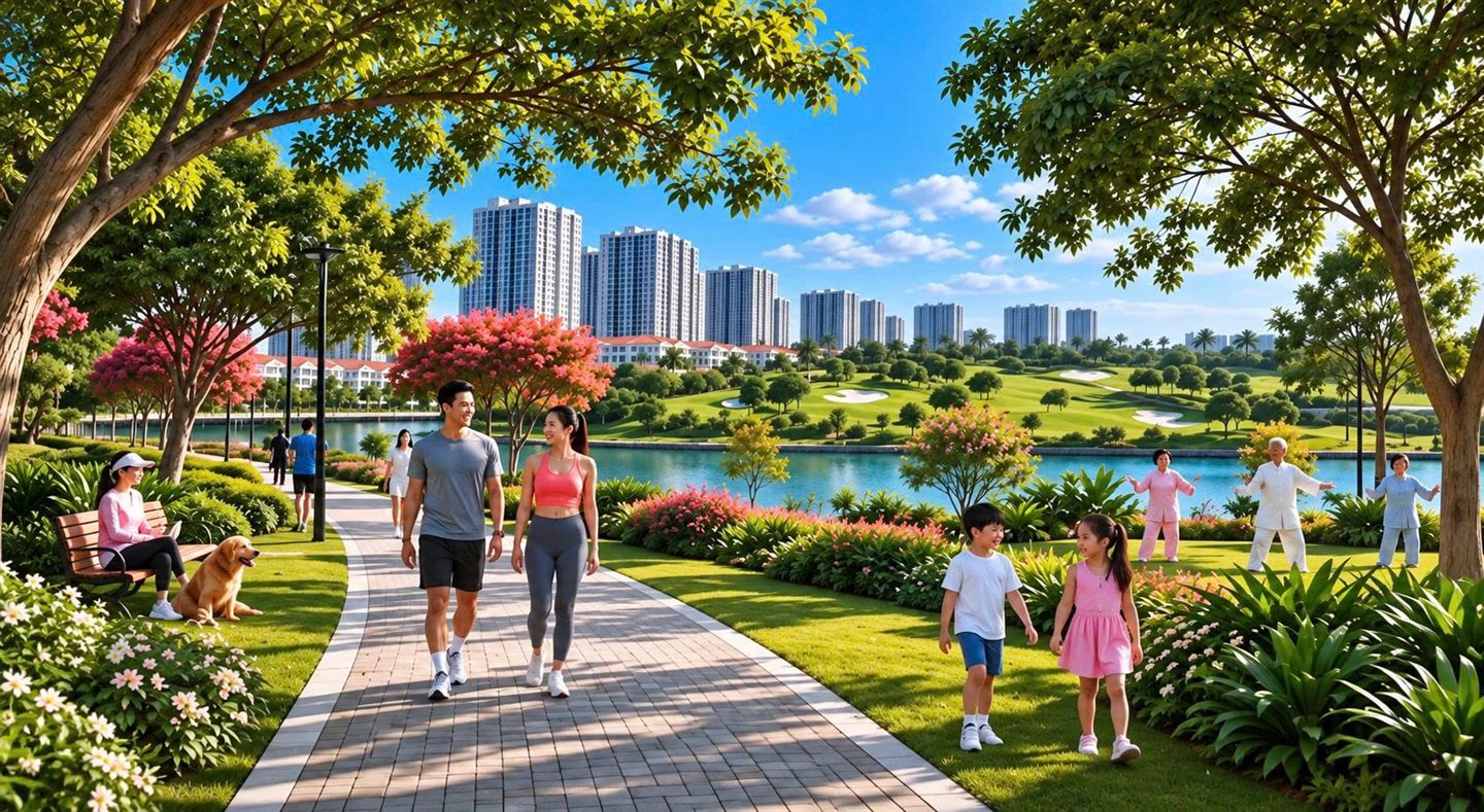 Phối cảnh mô phỏng công viên và đường dạo ven hồ trong Vinhomes King Park