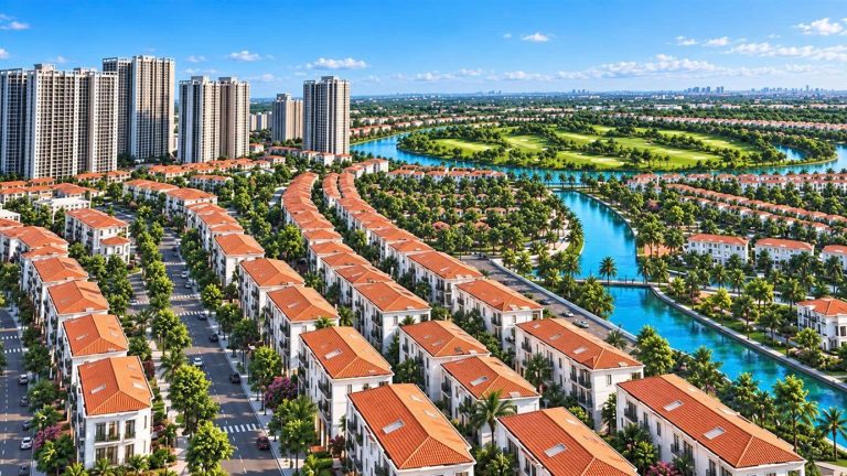 Phối cảnh mô phỏng các dãy nhà liền kề mái đỏ ven kênh tại Vinhomes King Park