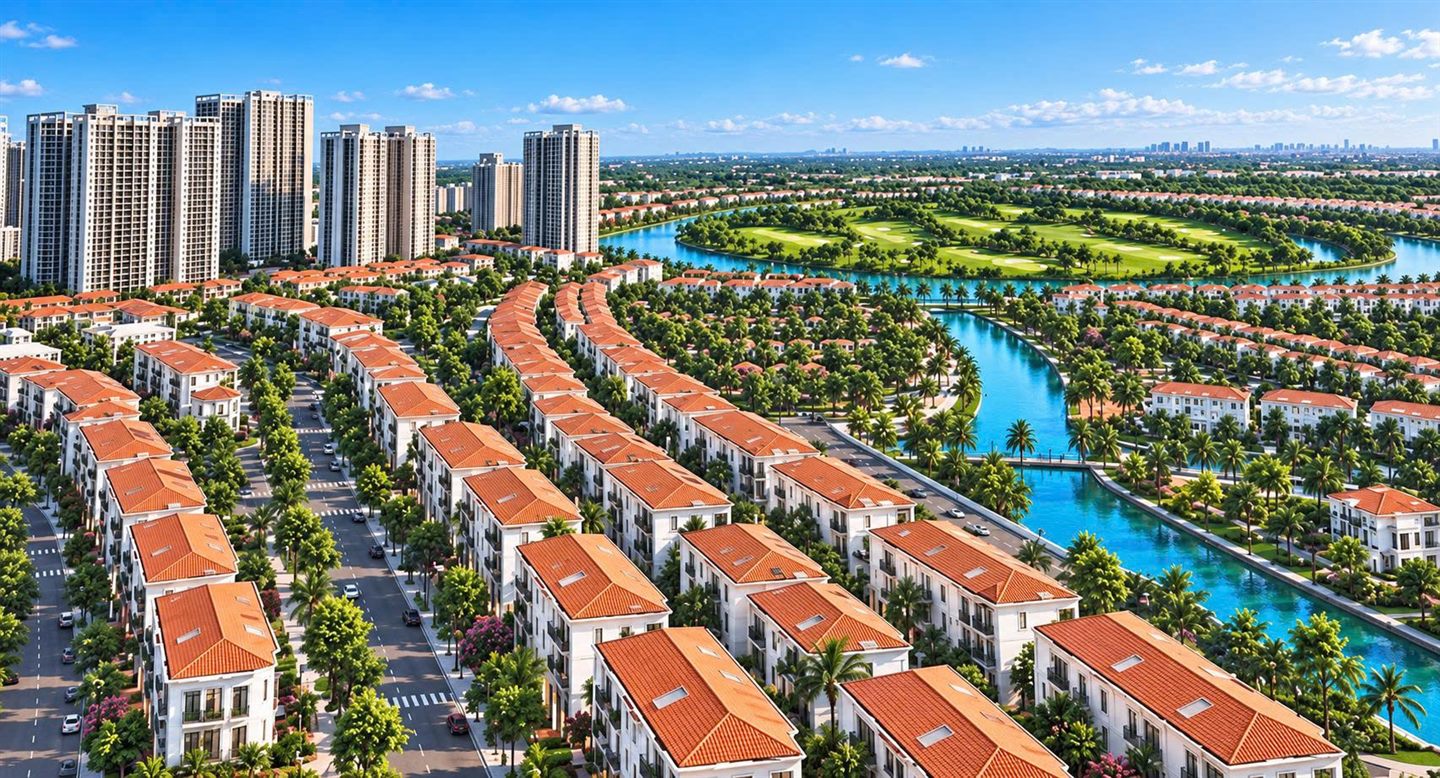Phối cảnh mô phỏng các dãy nhà liền kề mái đỏ ven kênh tại Vinhomes King Park
