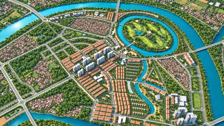Phối cảnh mô phỏng mặt bằng Vinhomes King Park nhìn từ trên cao, sông Cầu bao quanh khu đất