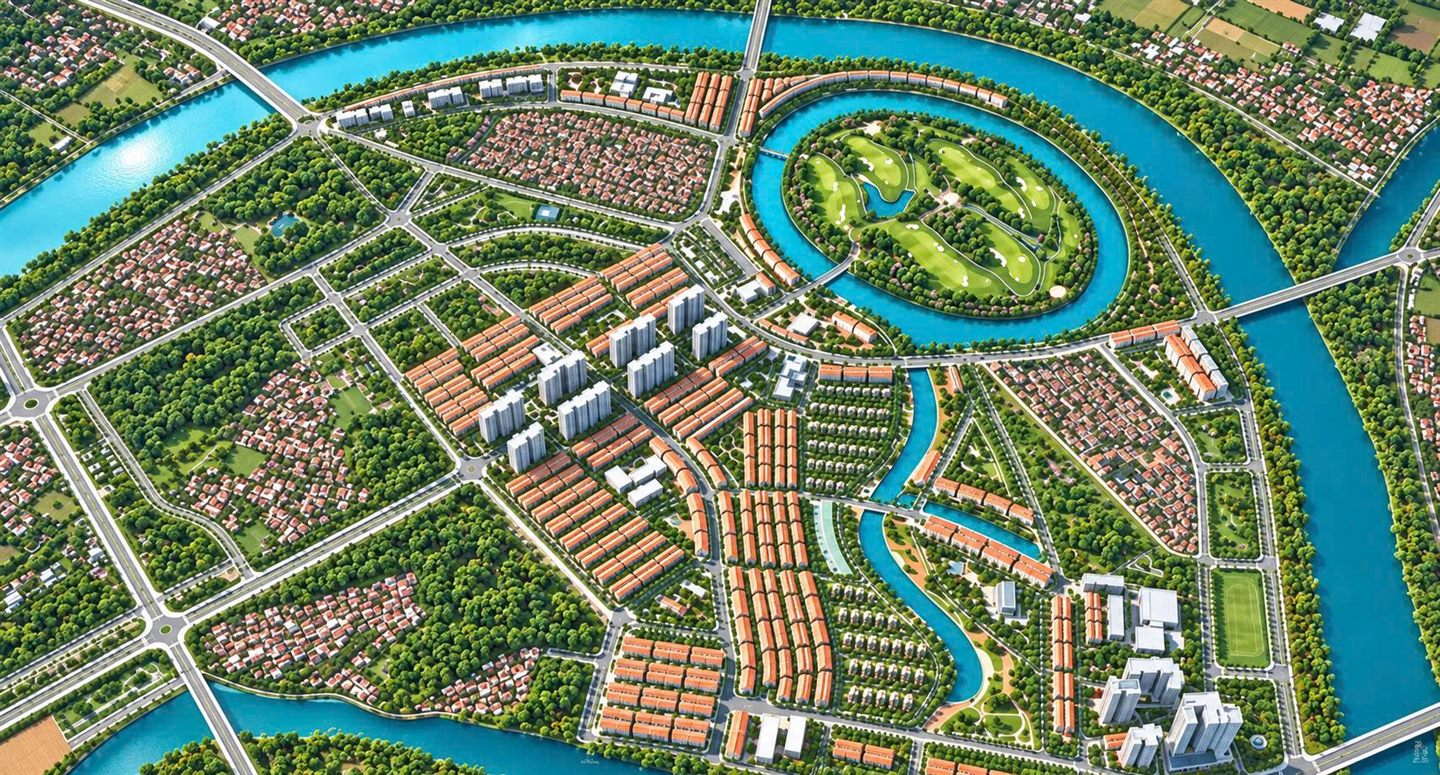 Phối cảnh mô phỏng mặt bằng Vinhomes King Park nhìn từ trên cao, sông Cầu bao quanh khu đất