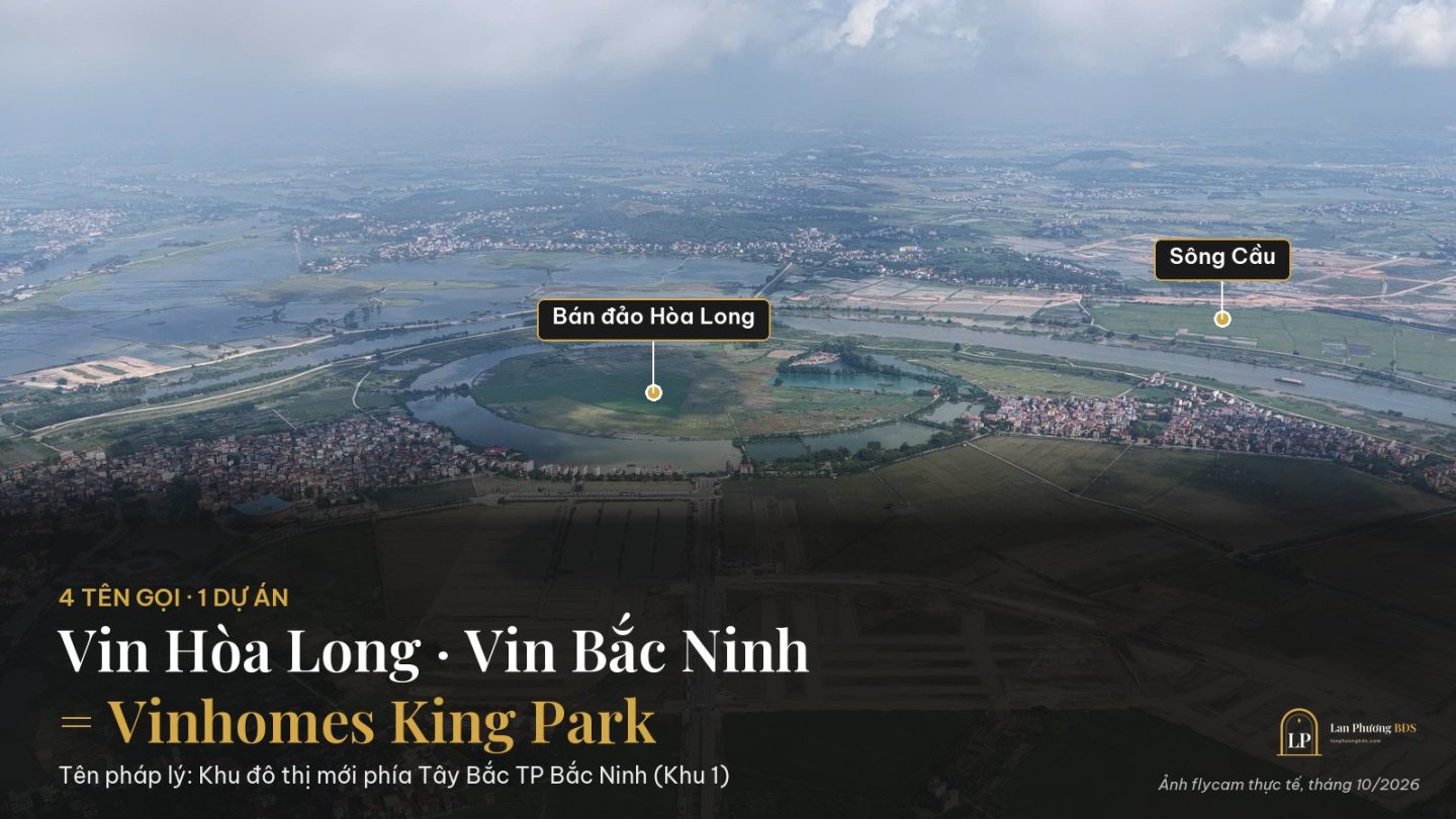 Ảnh flycam bán đảo Hòa Long bên sông Cầu, nơi xây dựng Vinhomes King Park (Vin Hòa Long, Vin Bắc Ninh)